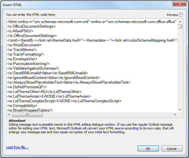 Insert HTML code into Outlook