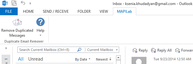 Duplicate Email Remover in Outlook 2013 ribbon