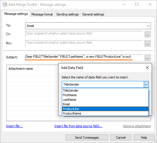 Outlook message subject customization