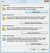 Tools dialogue, Update Links, Blocked Attachments, Restore Attachments, Compact storages