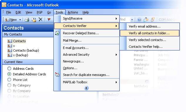 Contacts Verifier - Verify emails in Microsoft Outlook contacts.