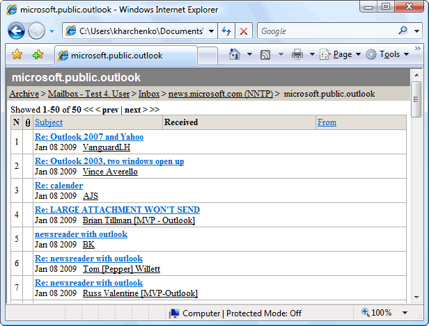 Click to view HTML Email Archiver for Outlook 2.0 screenshot