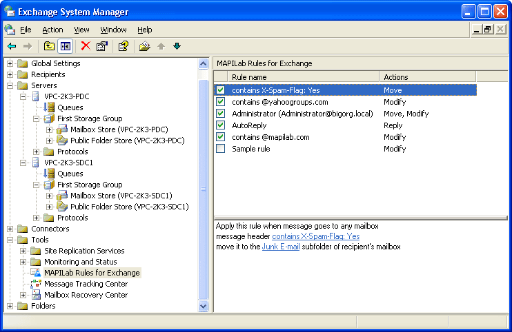 Screenshot of MAPILab Rules for Exchange 1.6