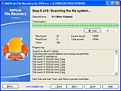 The dialogue "Scanning the File System" displays the progress log with information on found files.