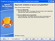 The dialogue "Undelete or restore corrupted files" allows you to select the mode in which the program will work.