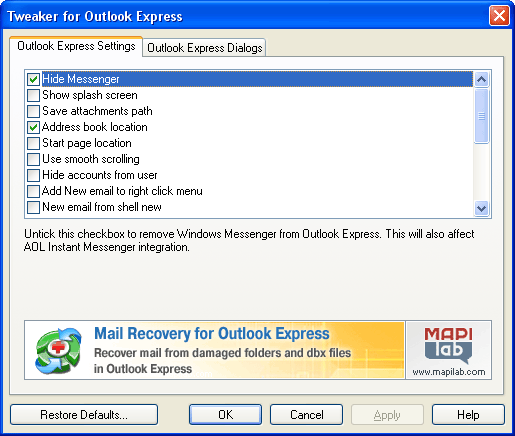 Screenshot of Tweaker for Outlook Express