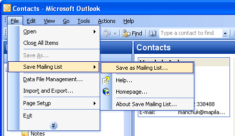 Save Mailing List - Export contacts from Outlook to mailing list