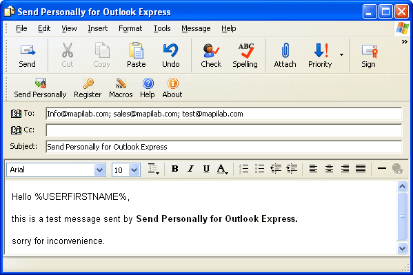 Screenshot of Send Personally for Outlook Express