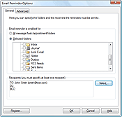 General tab settings of the Email Reminder component