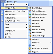 MAPILab Toolbox menu in the Tools menu of Microsoft Outlook