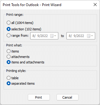 Printing wizard in Print Tools for Outlook