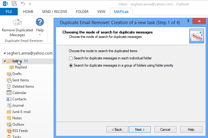 Duplicate Email Remover for Outlook: Wizard step 1