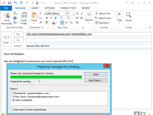 Personalized emails sending process in Outlook