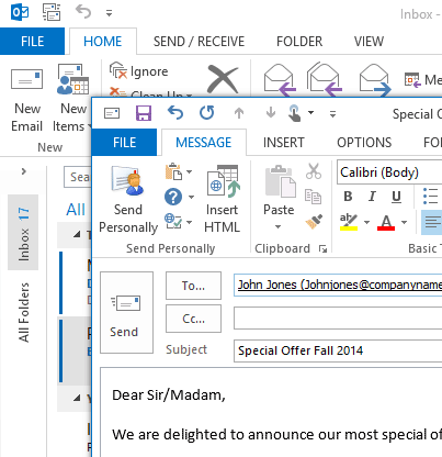 Send Personally add-in in Outlook 2013