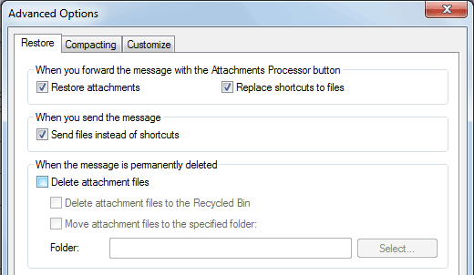 Advanced options in Outlook attachments processing