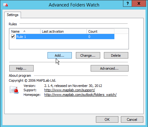 Outlook Advanced Folders Watch Rule list