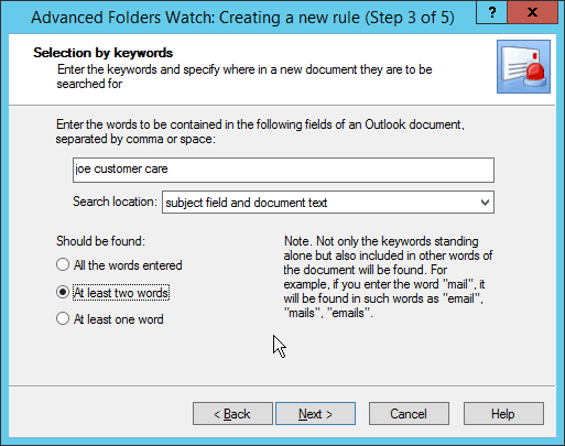 Outlook Advanced Folders Watch keywords