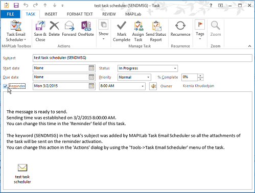 Outlook Task Email Scheduler processed email