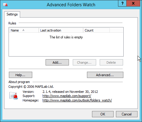 List of rules in Advanced Folders Watch for Outlook