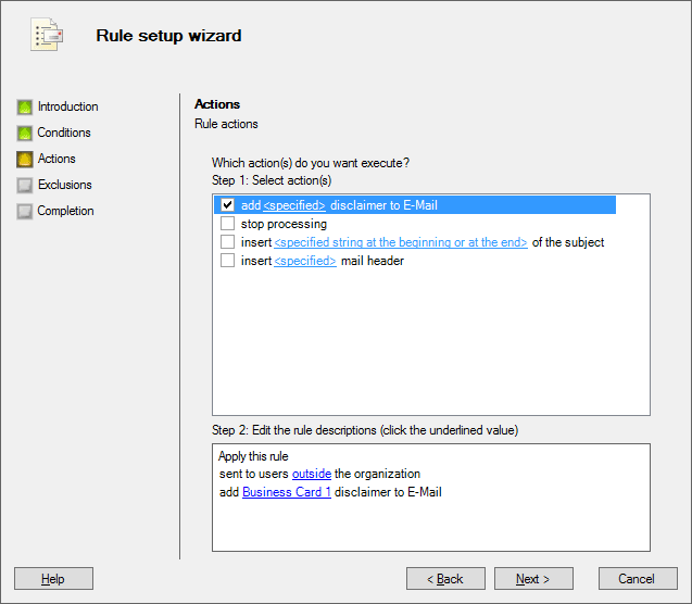Rule actions in MAPILab Disclaimers for Exchange