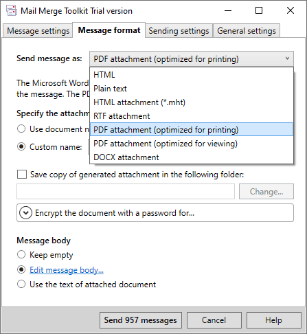 Mail Merge Toolkit format options