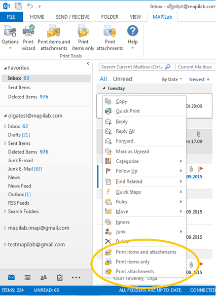 Print items only mode in Outlook