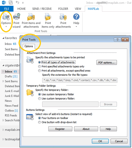 Printer selection in Outlook