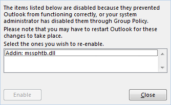 Disabled Outlook add-ins list