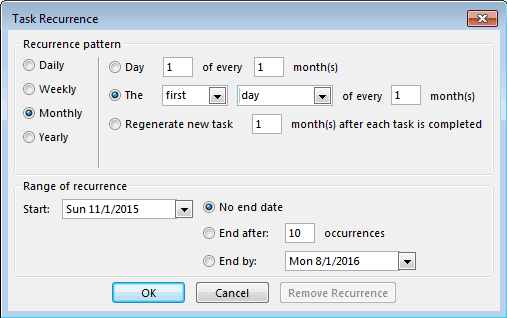 Outlook task recurrence