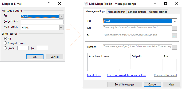 Mail Merge addin window