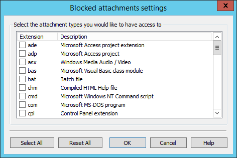 List of blocked outlook extension types