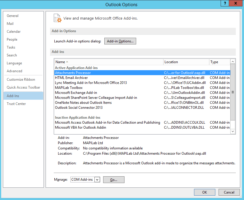 Outlook Attachment Processor options