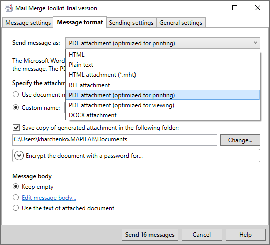 Merge-to-email window in Mail Merge Toolkit for Outlook