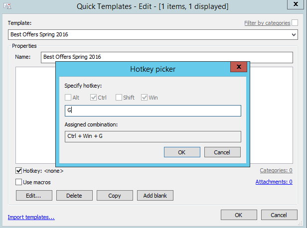 Quick Templates for Outlook hot key