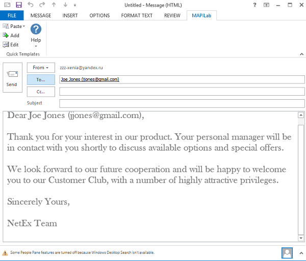 Created email message in Outlook