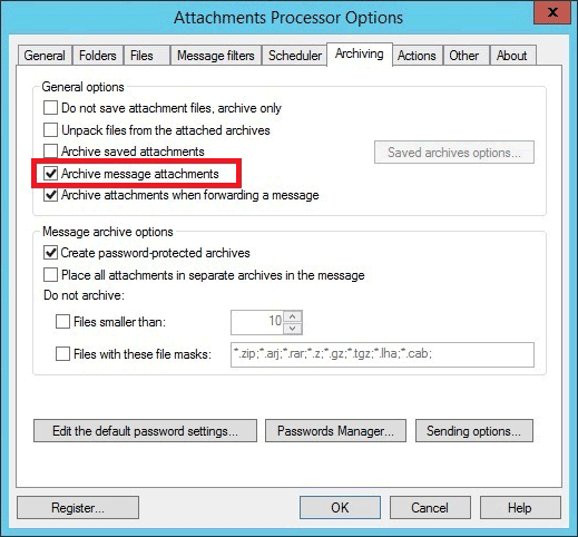 Outlook attachments archive options