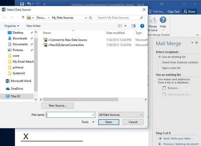 Data source for mail merging