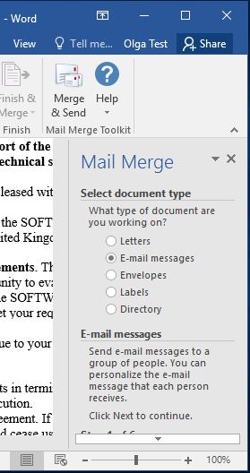 Outlook mail merge selection