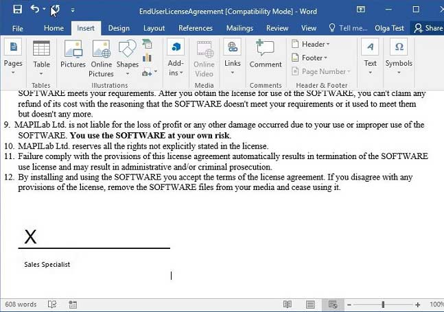 Signature line in Word document