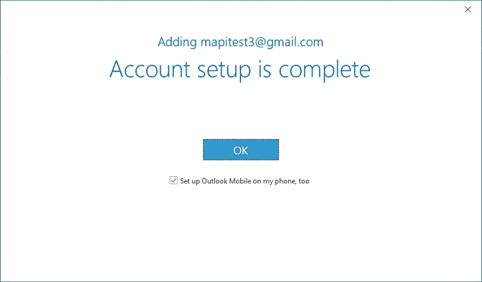 Mail account setup in Outlook completed