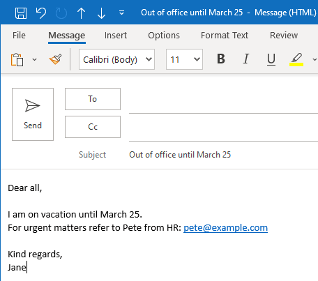 Outlook out-of-office email