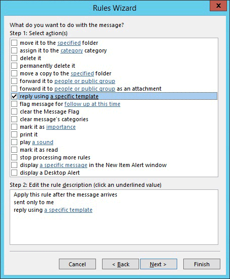 Outlook rules wizard settings