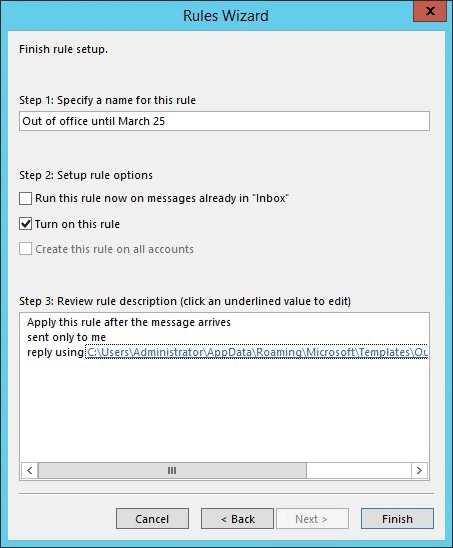 Outlook rules wizard settings