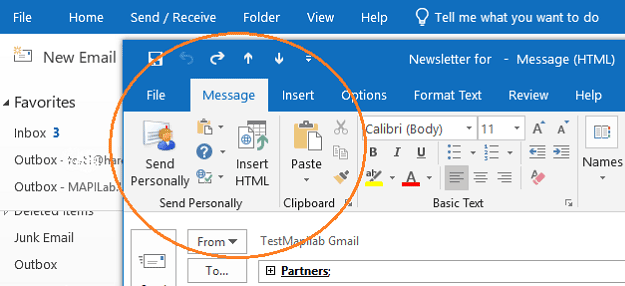 Send Personally add-in in Outlook ribbon