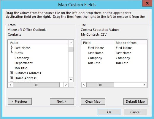 Custom fields map in Outlook contacts export