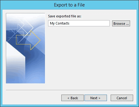 Outlook contacts export destination