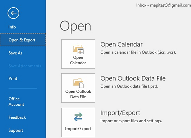 Outlook import and export options