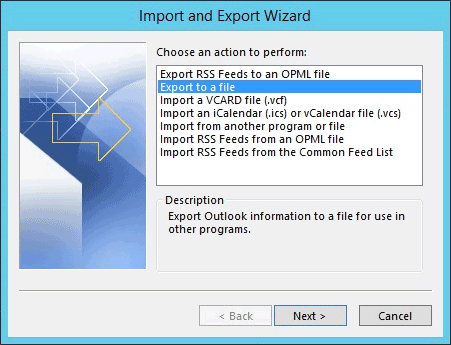 Import and export wizard in Outlook