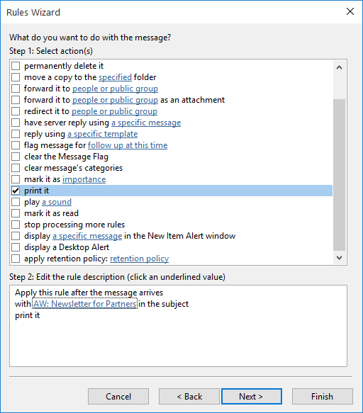 Printing rule in Outlook