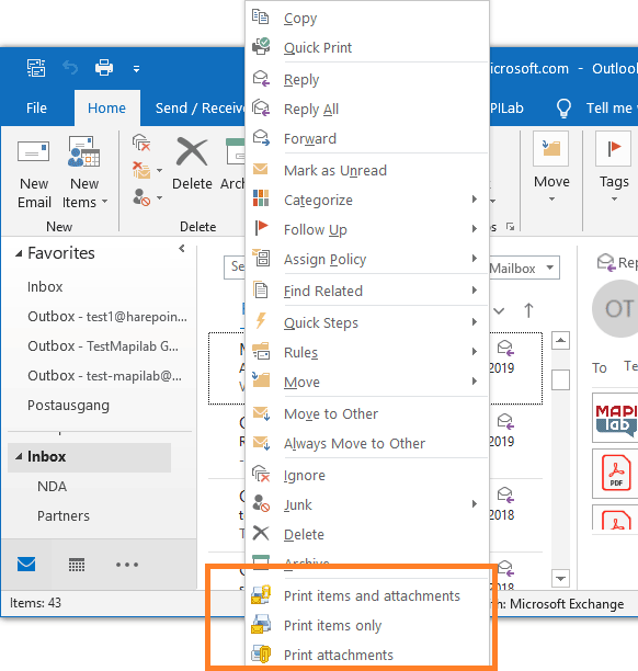 Print Tools app in Outlook context menu